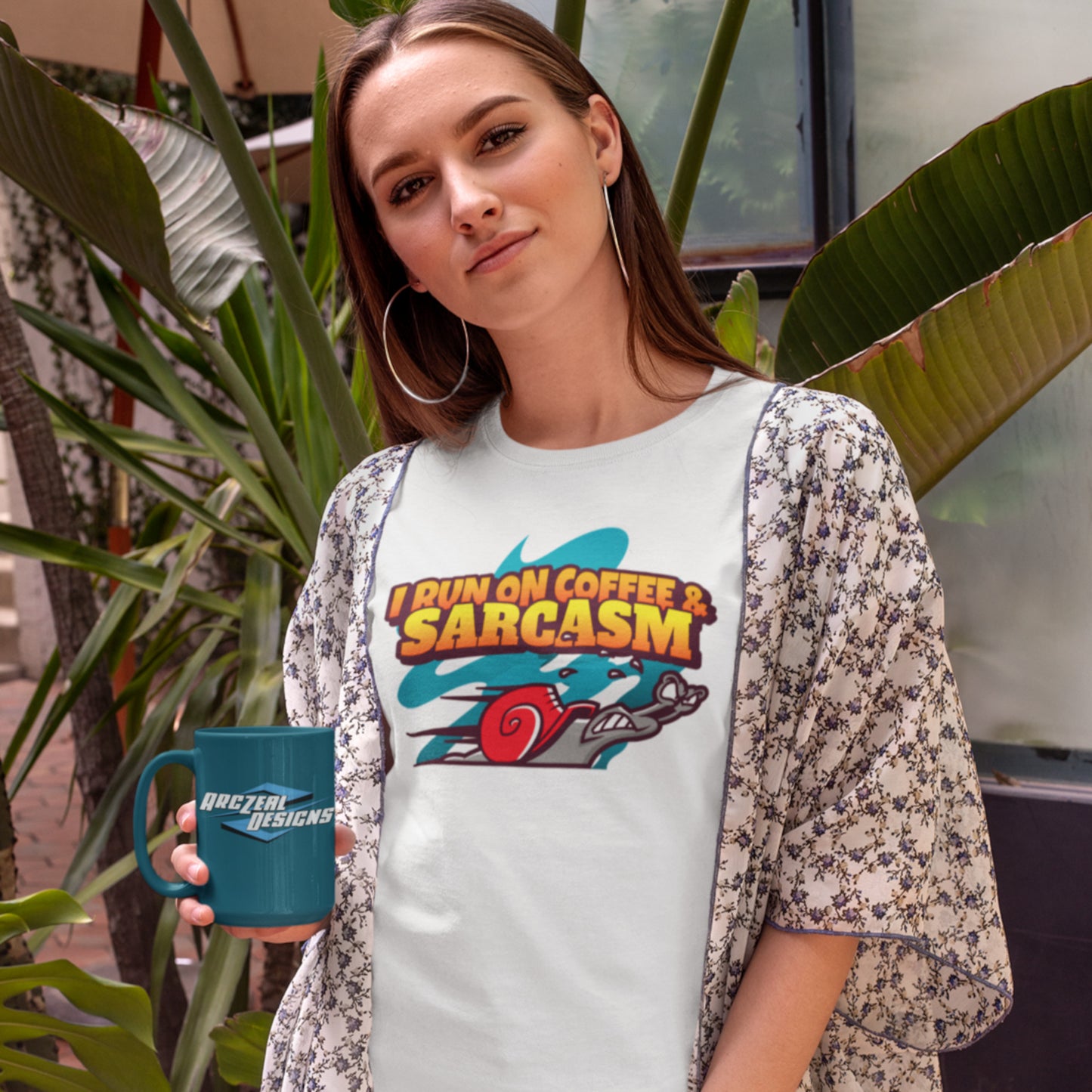 woman-wearing-coffee-and-sarcasm-white-tee-shirt-arczeal-designs