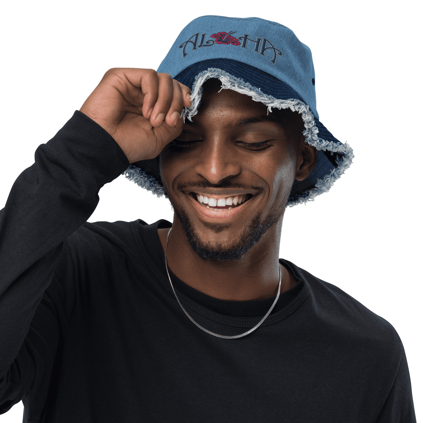 Bucket Hat Distressed Denim Embroidered Aloha Hawaiian Hibiscus Flower ArcZeal Designs