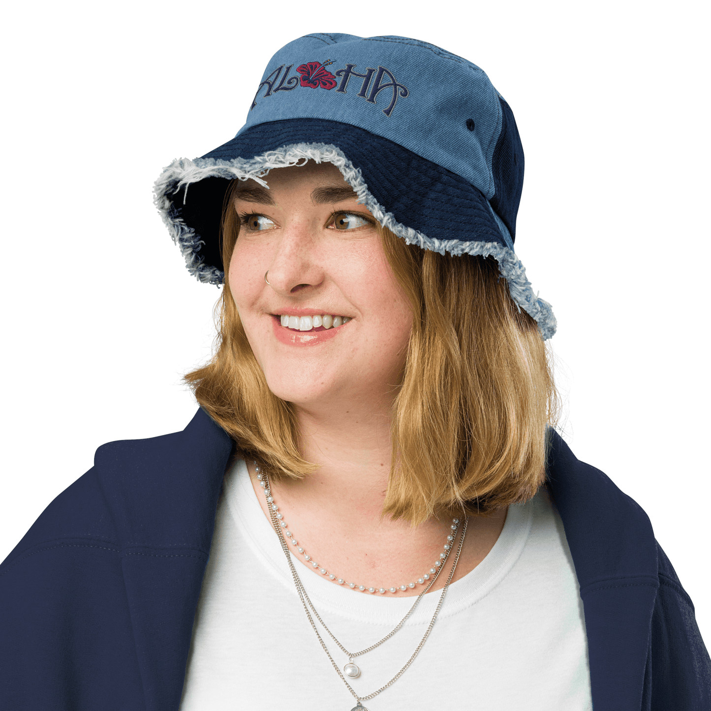 Bucket Hat Distressed Denim Embroidered Aloha Hawaiian Hibiscus Flower ArcZeal Designs