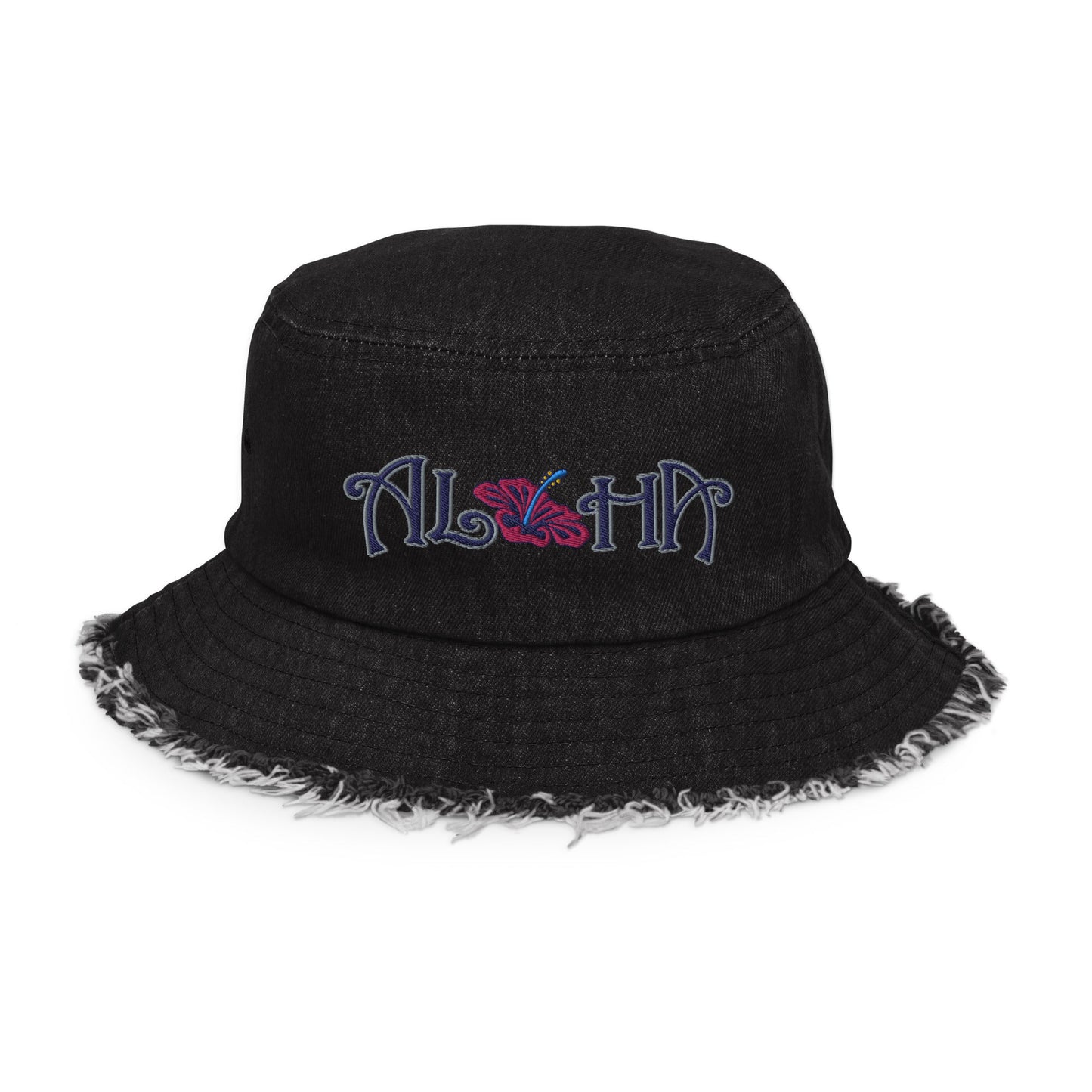 Black Denim Bucket Hat Distressed Denim Embroidered Aloha Hawaiian Hibiscus Flower ArcZeal Designs