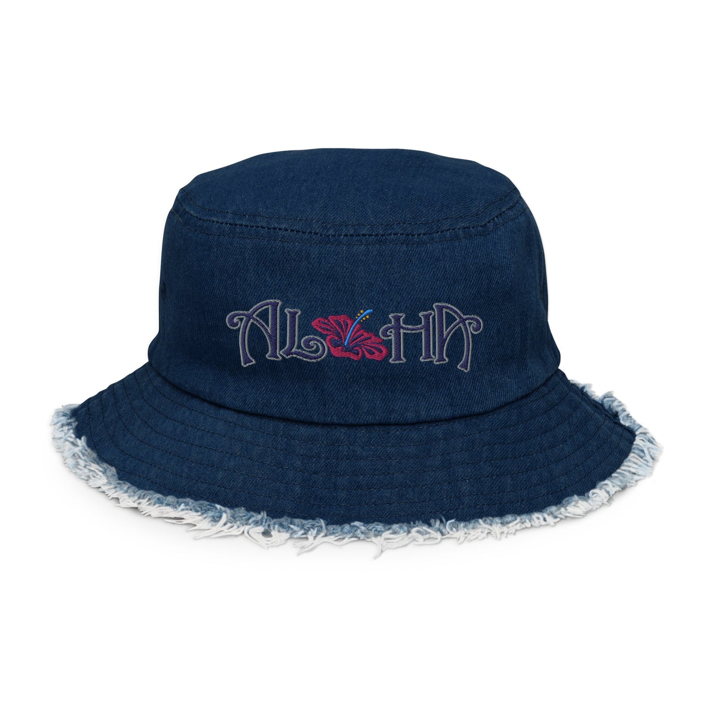 Classic Denim Bucket Hat Distressed Denim Embroidered Aloha Hawaiian Hibiscus Flower ArcZeal Designs