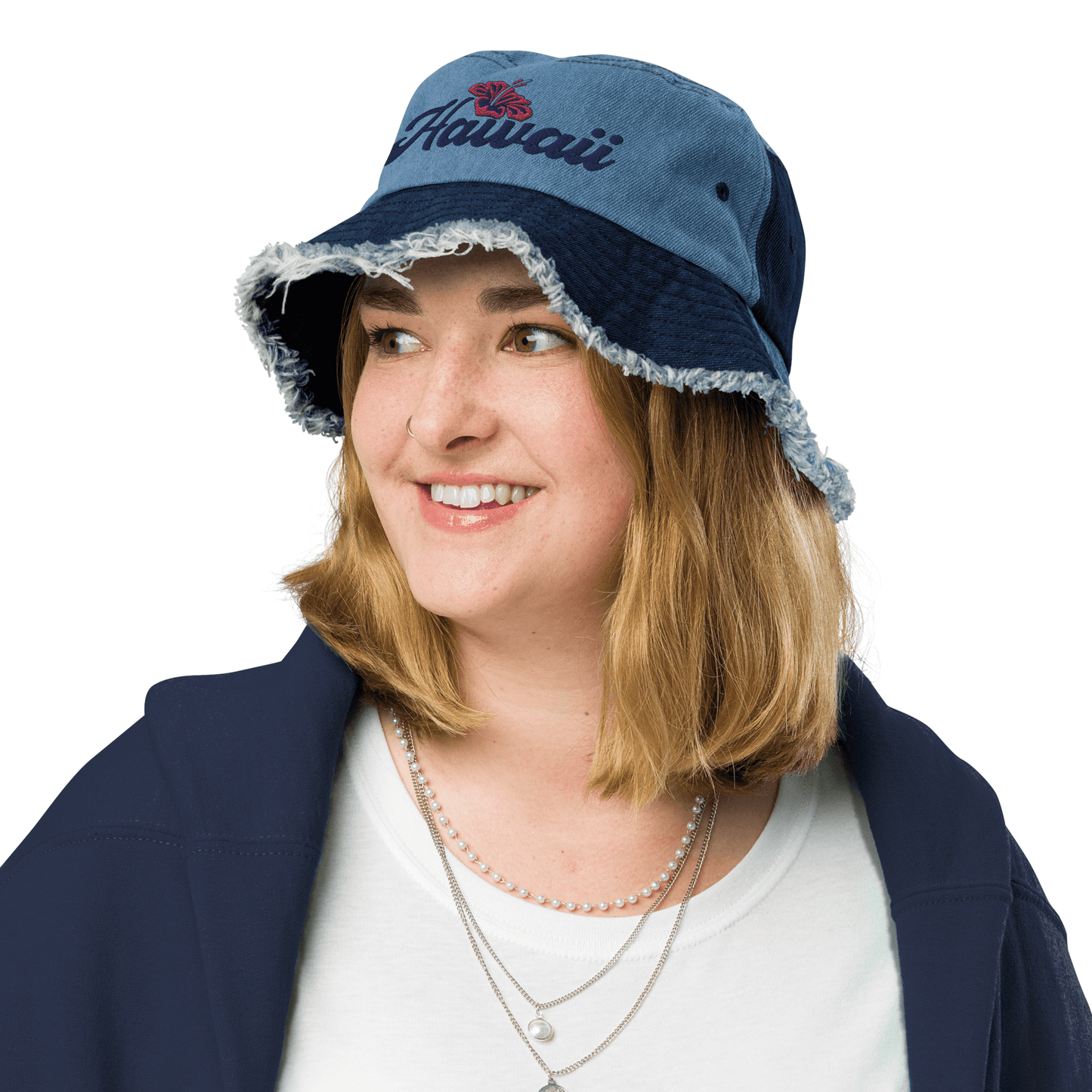 Bucket Hat Distressed Denim Embroidered Hawaii Hibiscus Flower ArcZeal Designs