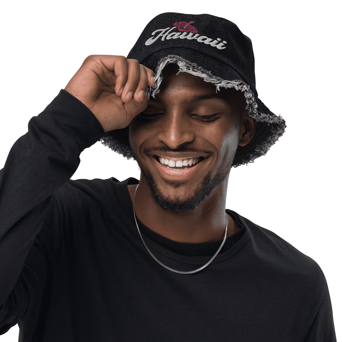 Bucket Hat Distressed Denim Embroidered Hawaii Hibiscus Flower ArcZeal Designs