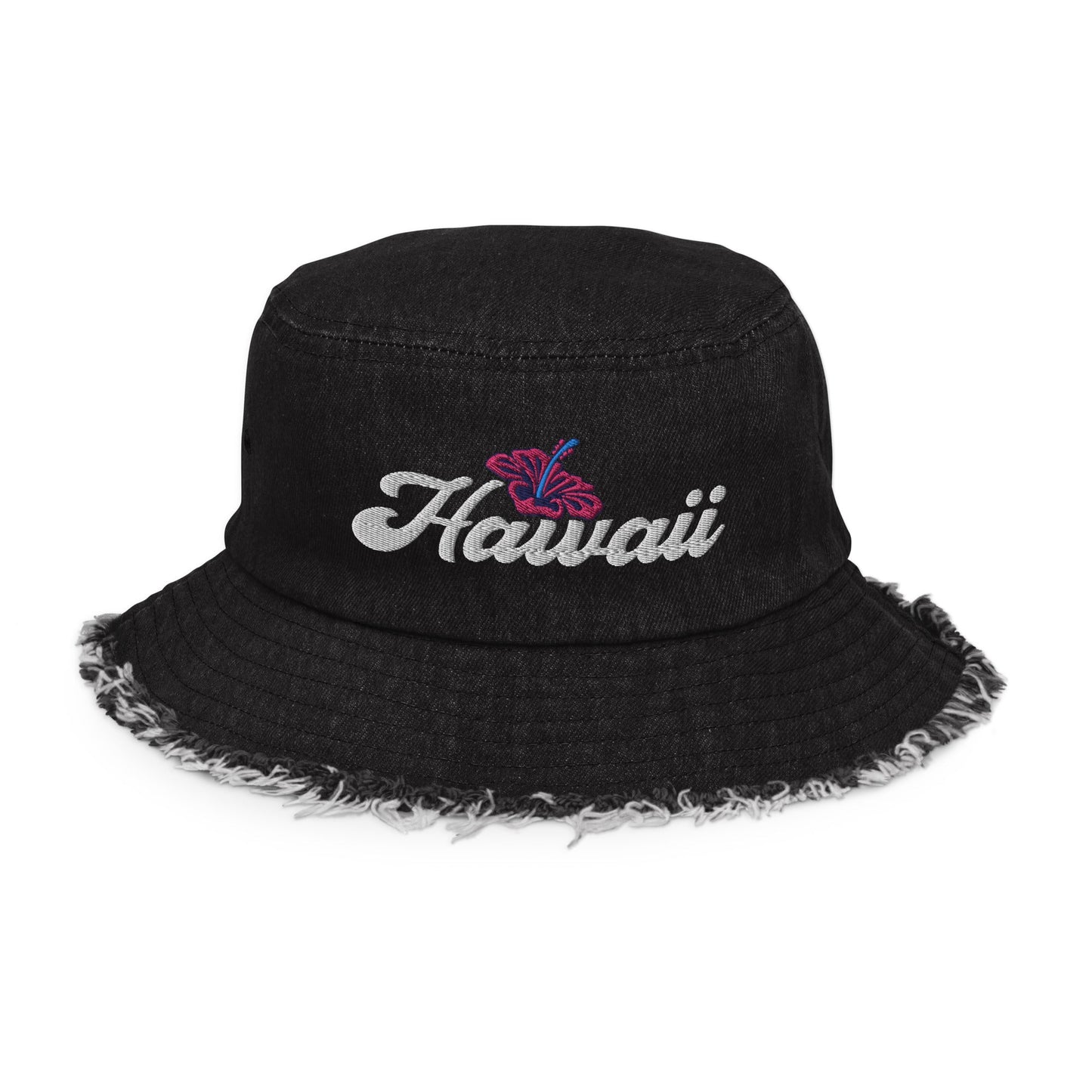 Black Denim Bucket Hat Distressed Denim Embroidered Hawaii Hibiscus Flower ArcZeal Designs