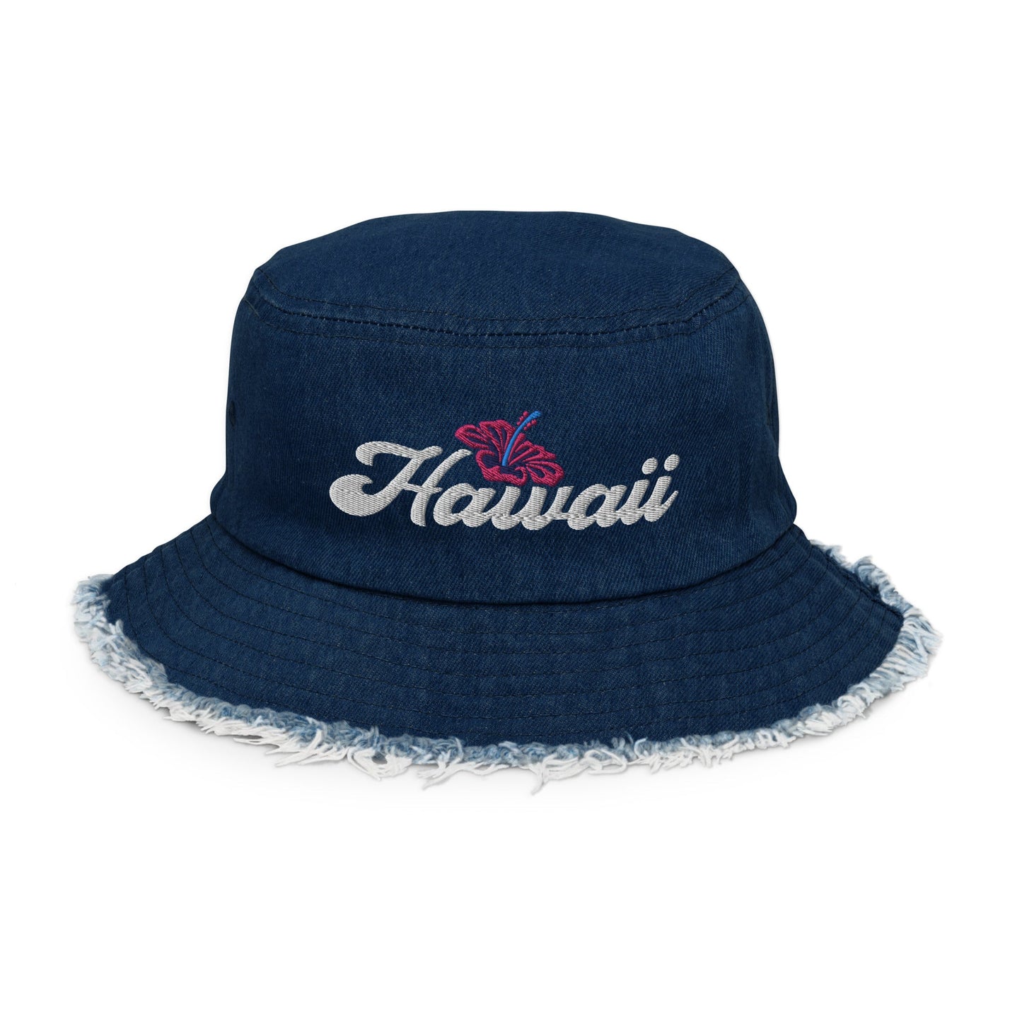 Classic Denim Bucket Hat Distressed Denim Embroidered Hawaii Hibiscus Flower ArcZeal Designs