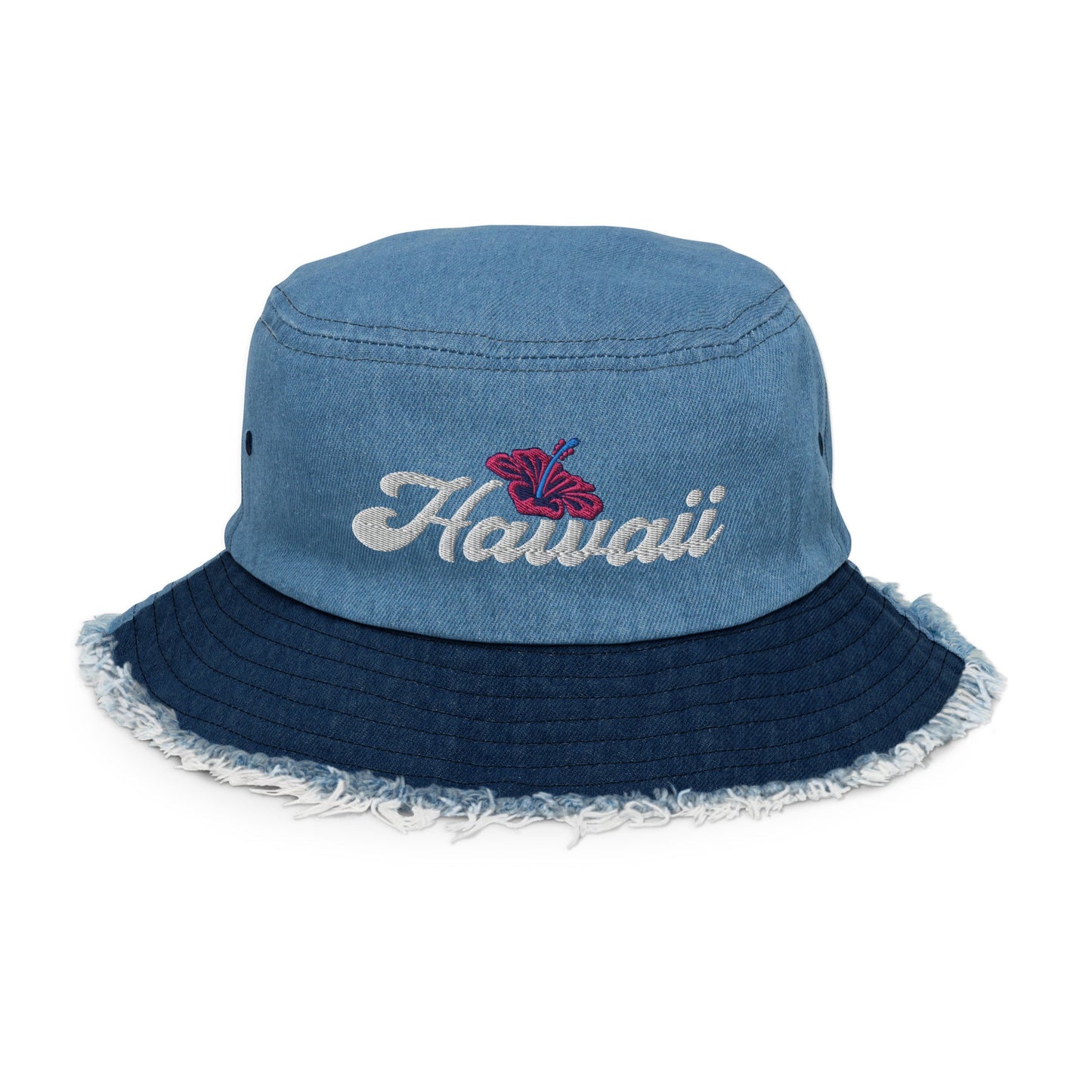 Classic Light Denim Bucket Hat Distressed Denim Embroidered Hawaii Hibiscus Flower ArcZeal Designs