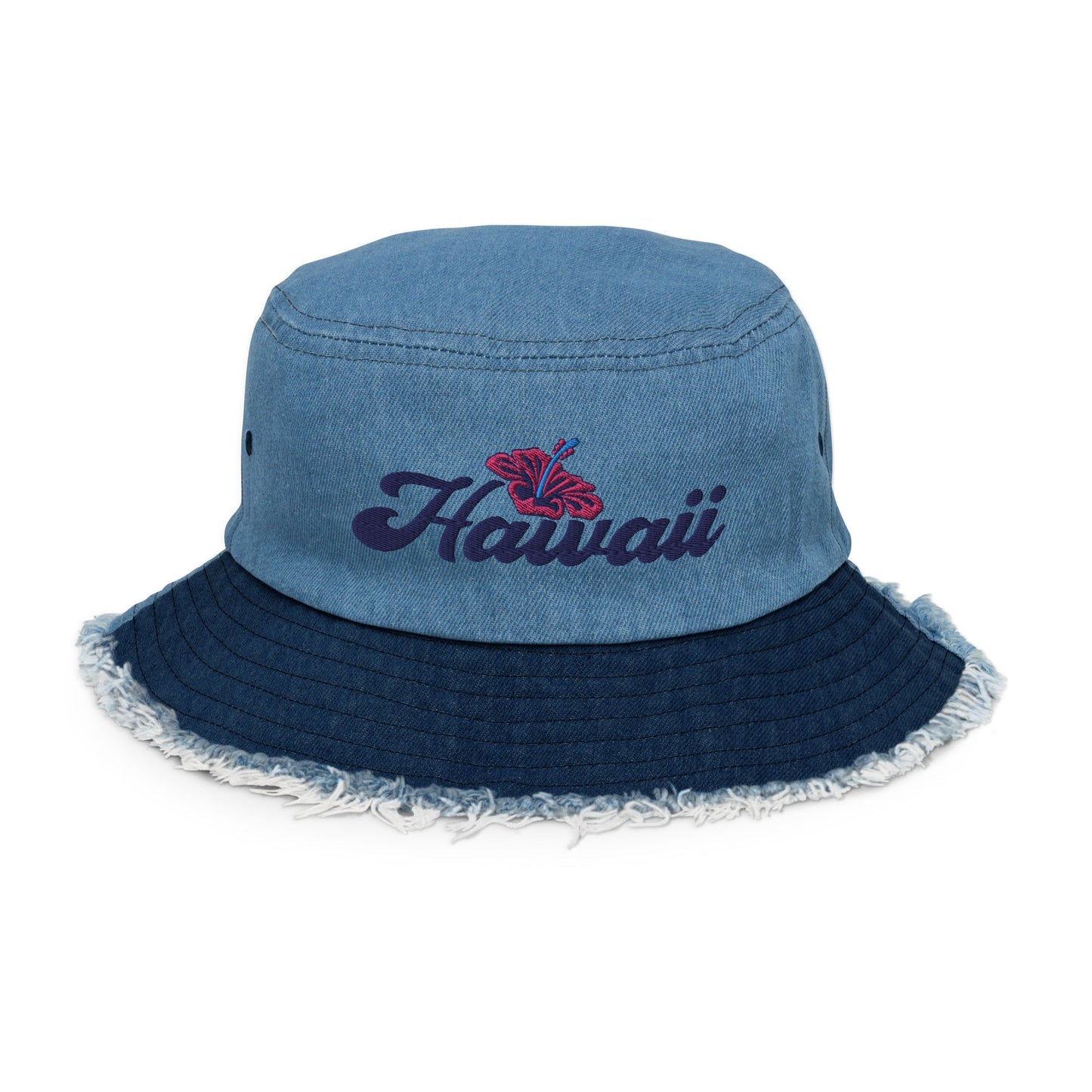 Dark Text Classic LT Bucket Hat Distressed Denim Embroidered Hawaii Hibiscus Flower ArcZeal Designs