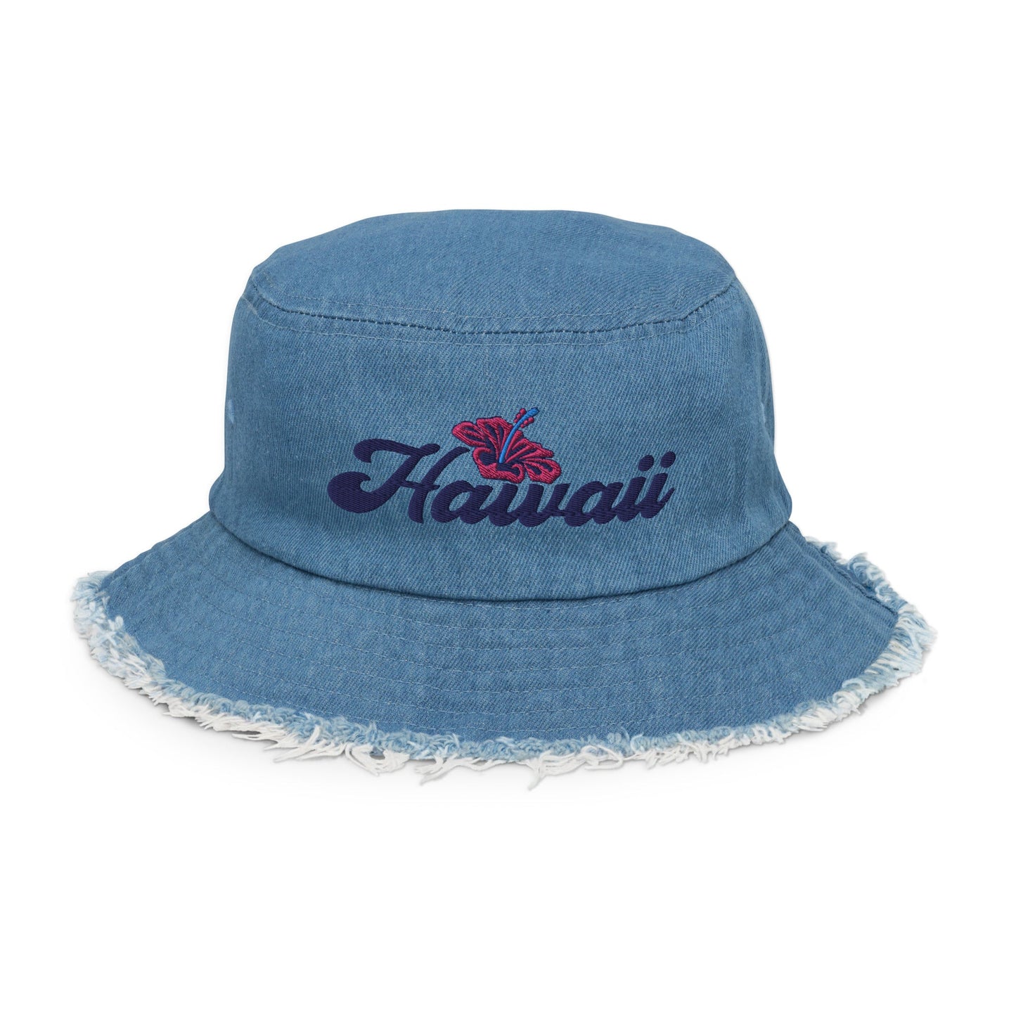 Dark Text LT Denim Bucket Hat Distressed Denim Embroidered Hawaii Hibiscus Flower ArcZeal Designs