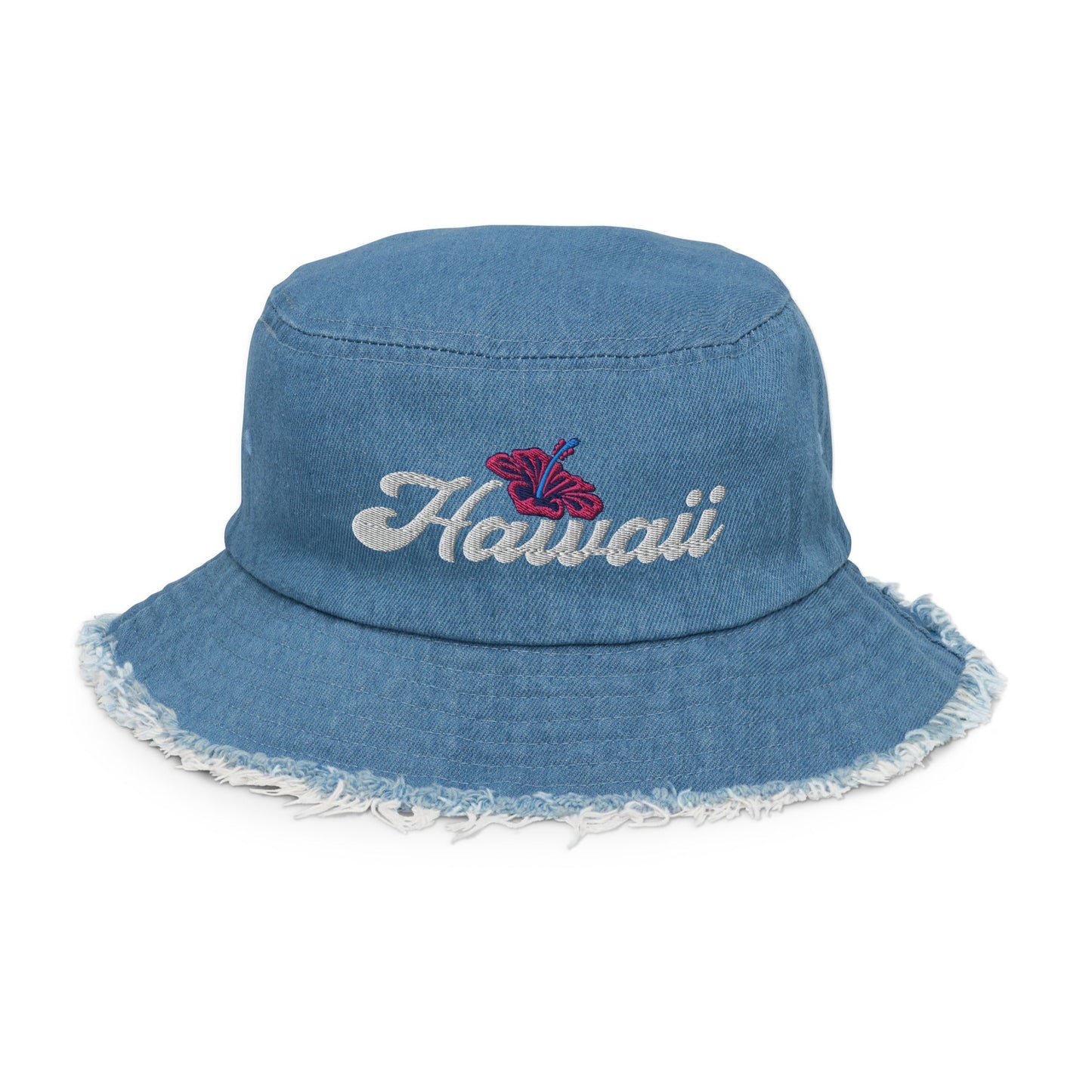 Light Denim Bucket Hat Distressed Denim Embroidered Hawaii Hibiscus Flower ArcZeal Designs