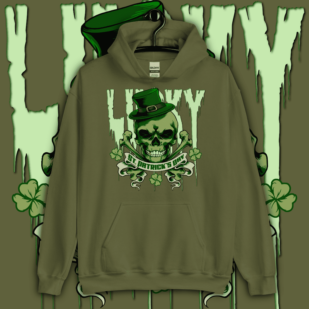 Military Green / S Lucky St. Patrick's Day Skull and Bones Hoodie ArcZeal Designs