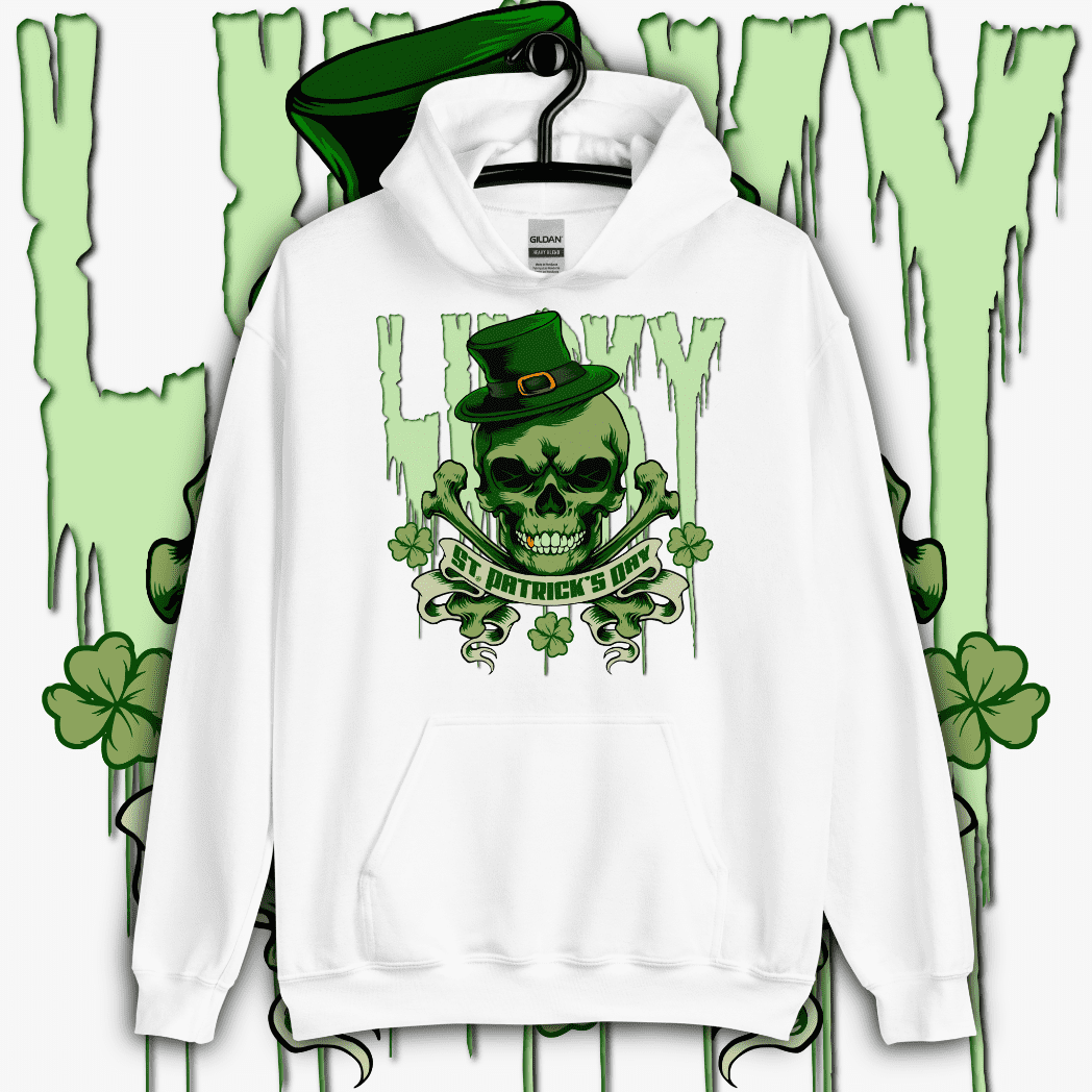 White / S Lucky St. Patrick's Day Skull and Bones Hoodie ArcZeal Designs