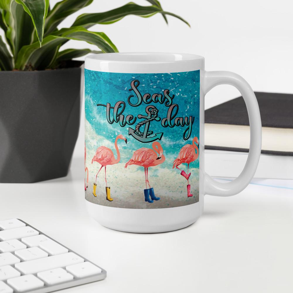 Seas The Day Flamingos In Rain Boots Mug ArcZeal Designs