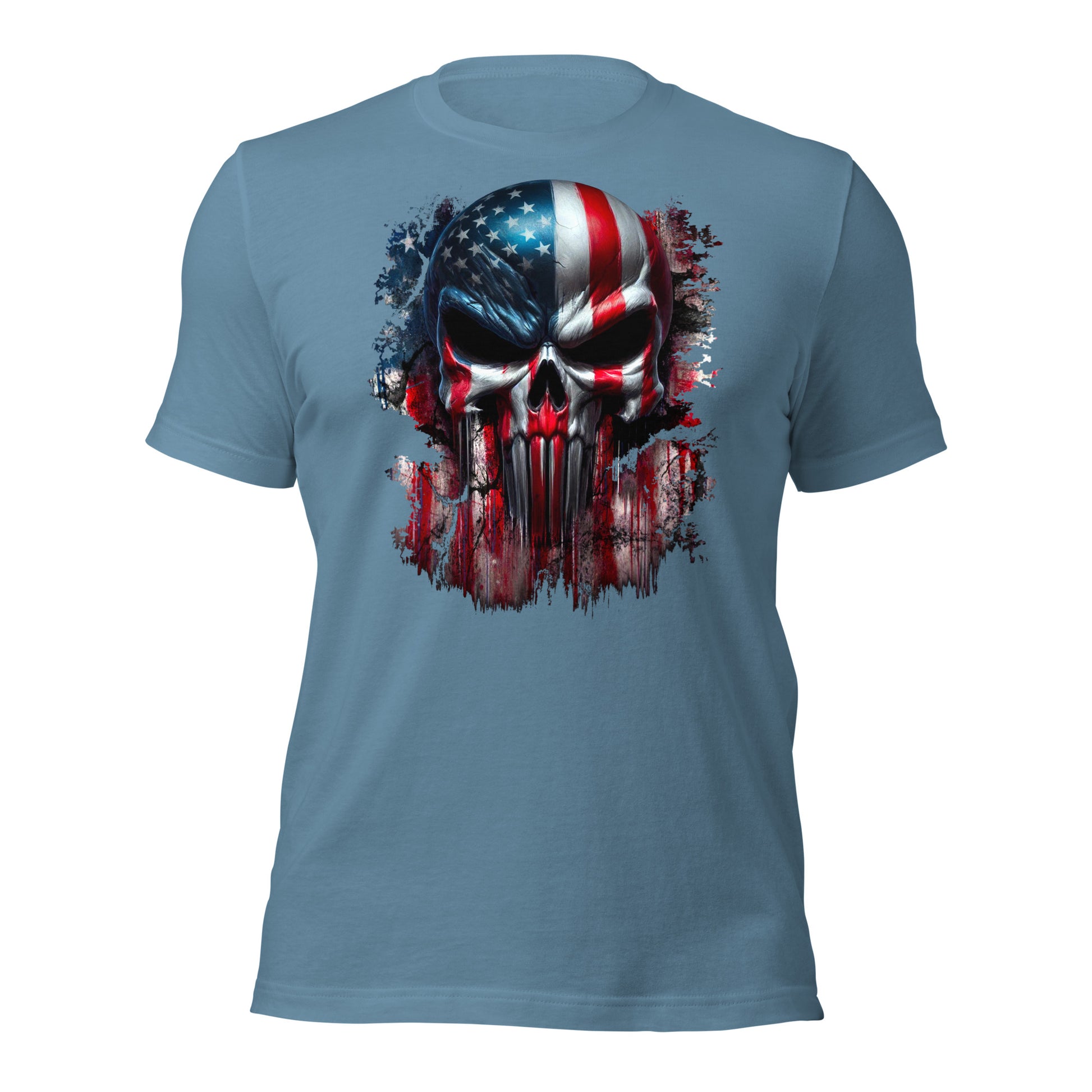 Arczeal Designs Product mockup American Flag Skull Short Sleeve T-Shirt steel blue front