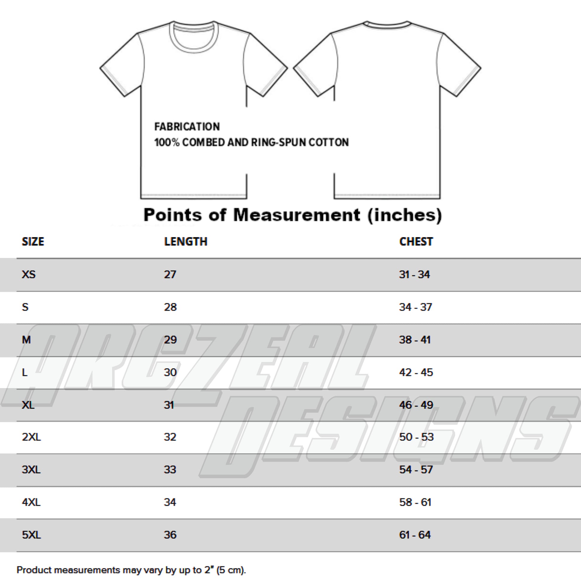 Arczeal Designs shirt size chart