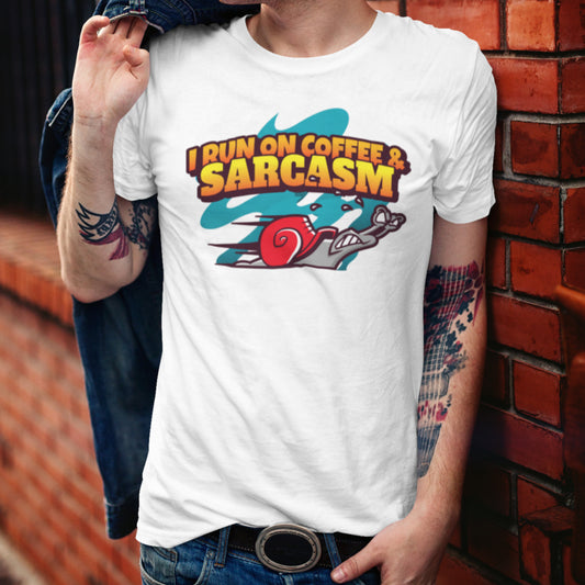 man-wearing-coffee-and-sarcasm-white-tee-shirt-arczeal-designs