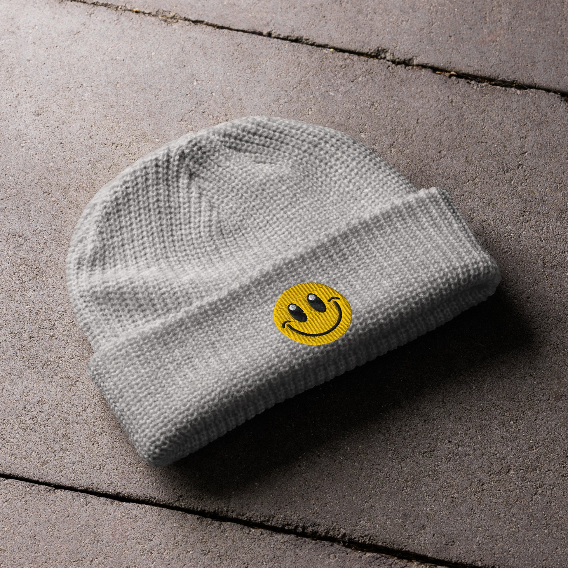 athletic heather Beanie Hat Smiley Face Embroidered Arczeal designs 