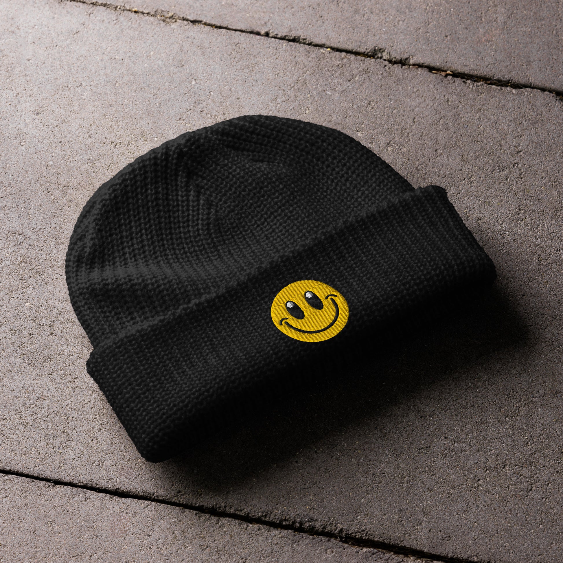 Black Beanie Hat Smiley Face Embroidered Arczeal designs 