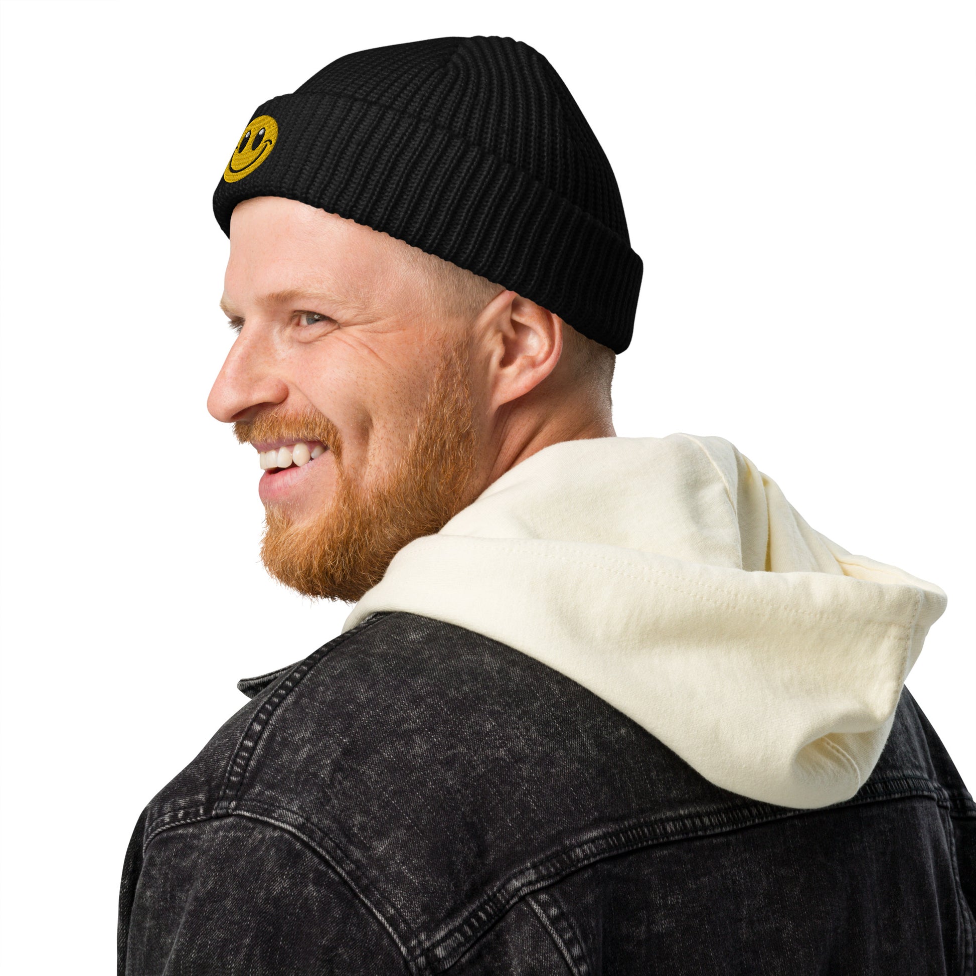 Man wearing Black Beanie Hat Smiley Face Embroidered Arczeal designs 