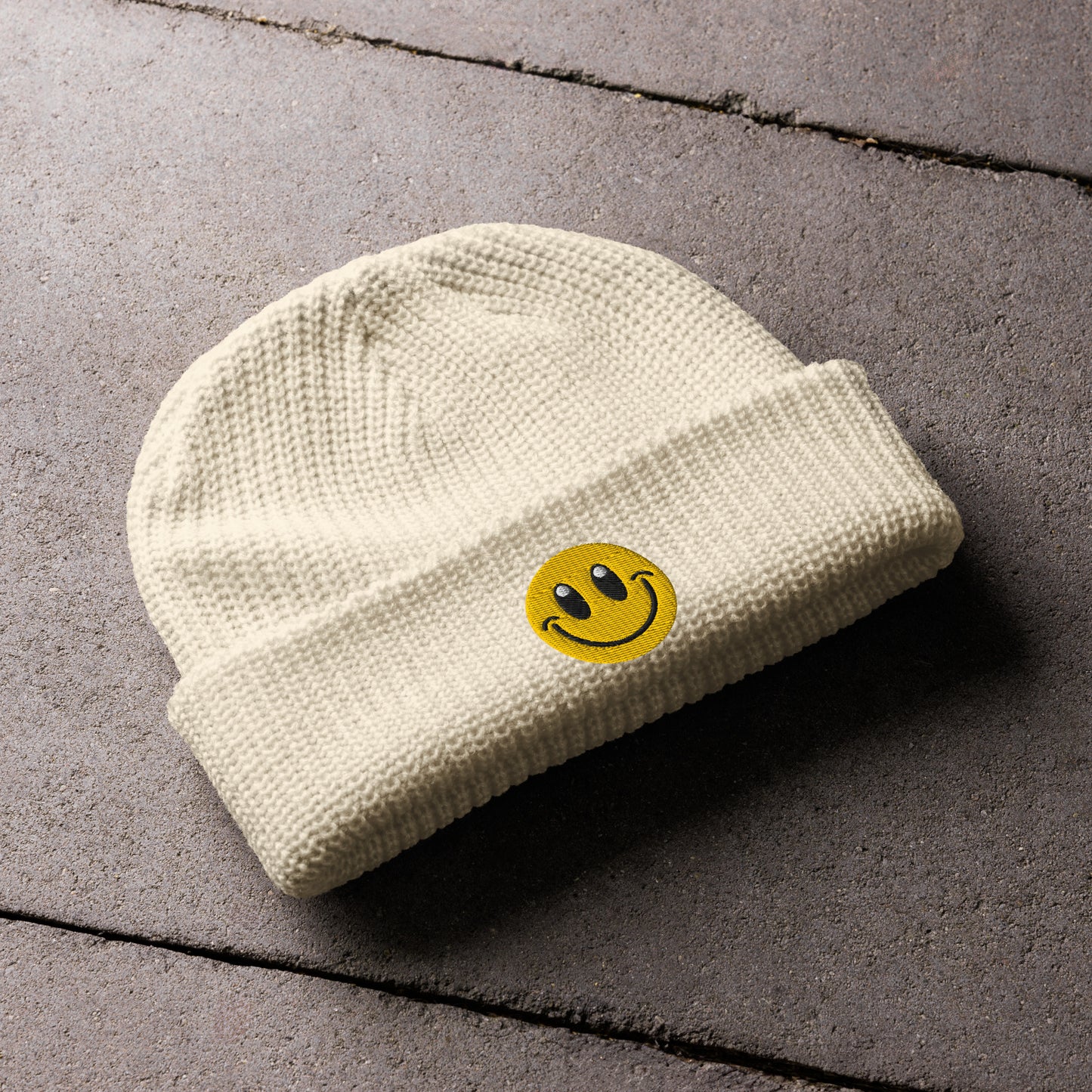 ecru Beanie Hat Smiley Face Embroidered Arczeal designs 