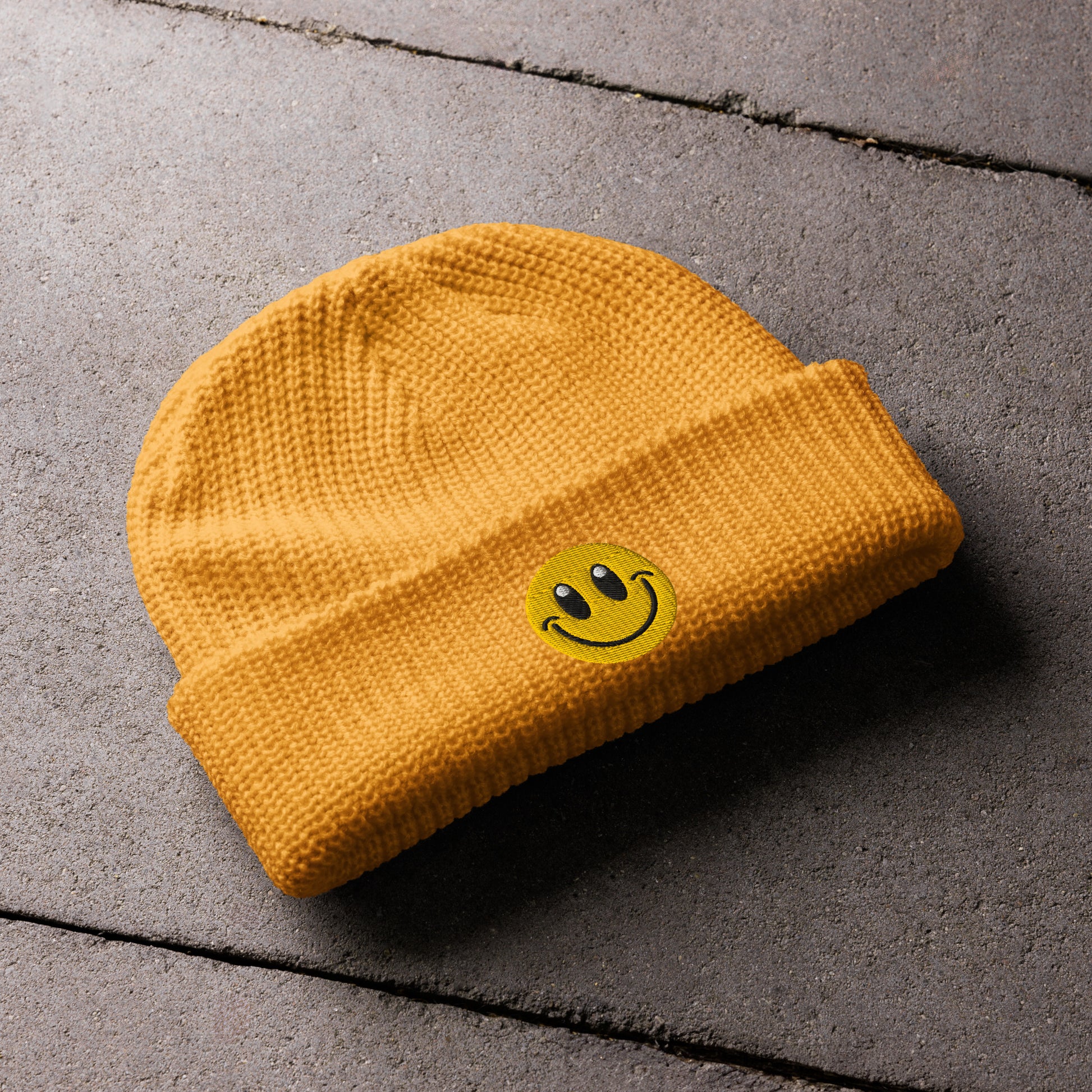 gold Beanie Hat Smiley Face Embroidered Arczeal designs 