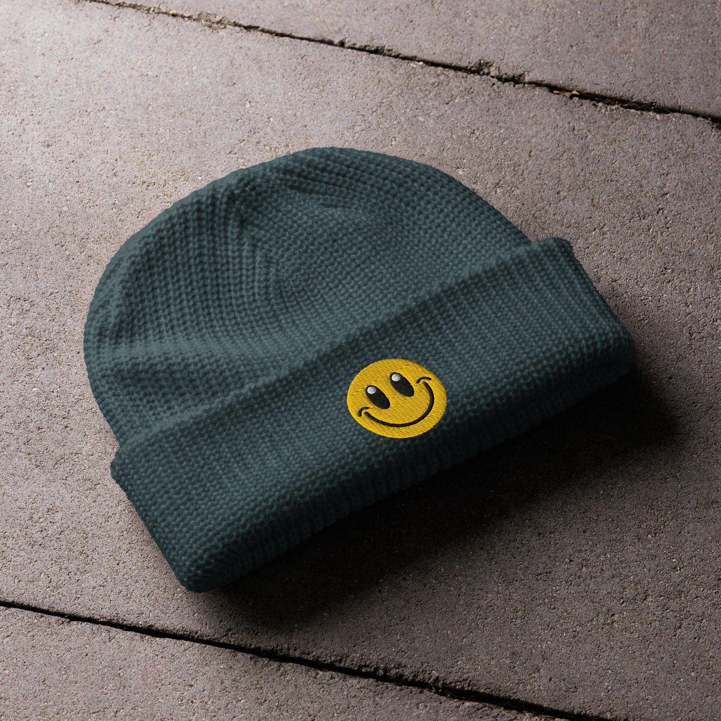 petrol-blue Beanie Hat Smiley Face Embroidered Arczeal designs 