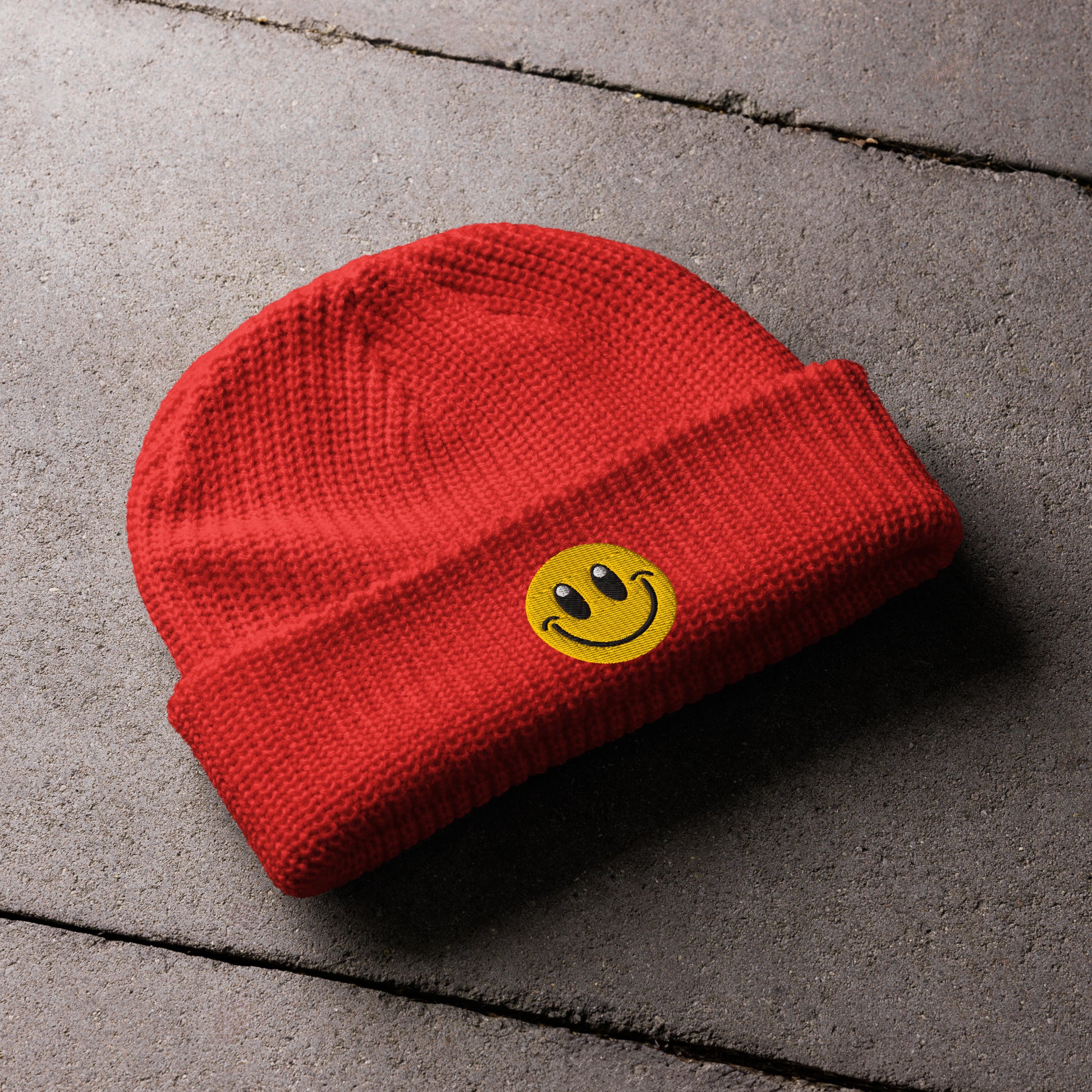 red Beanie Hat Smiley Face Embroidered Arczeal designs 