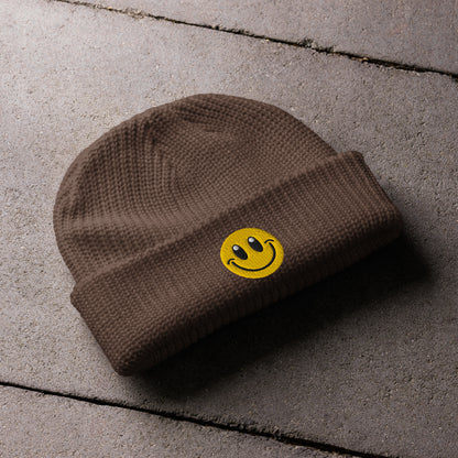 walnut Beanie Hat Smiley Face Embroidered Arczeal designs 