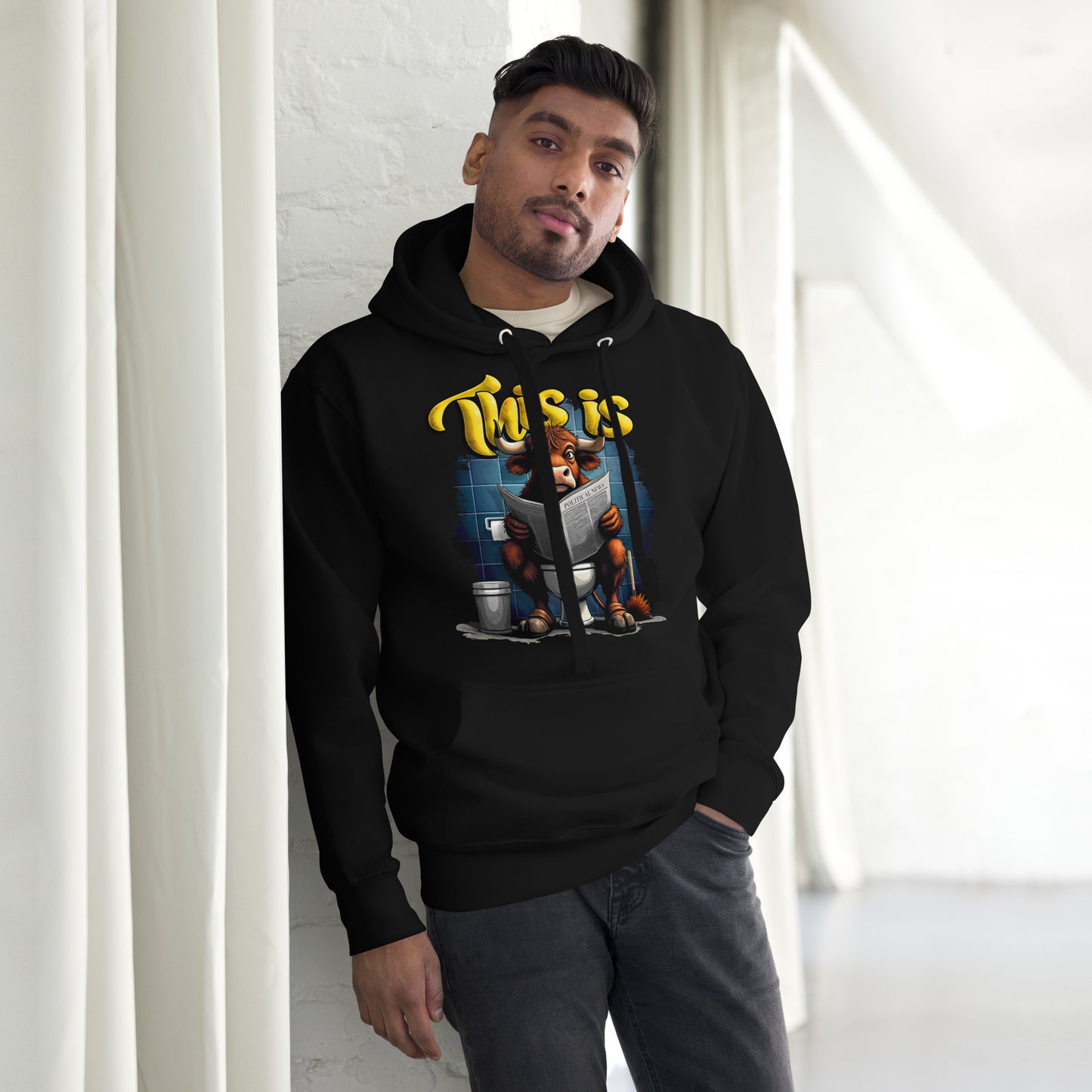 man-wearing-unisex-premium-hoodie-black-front-bull-bs-arczeal-designs