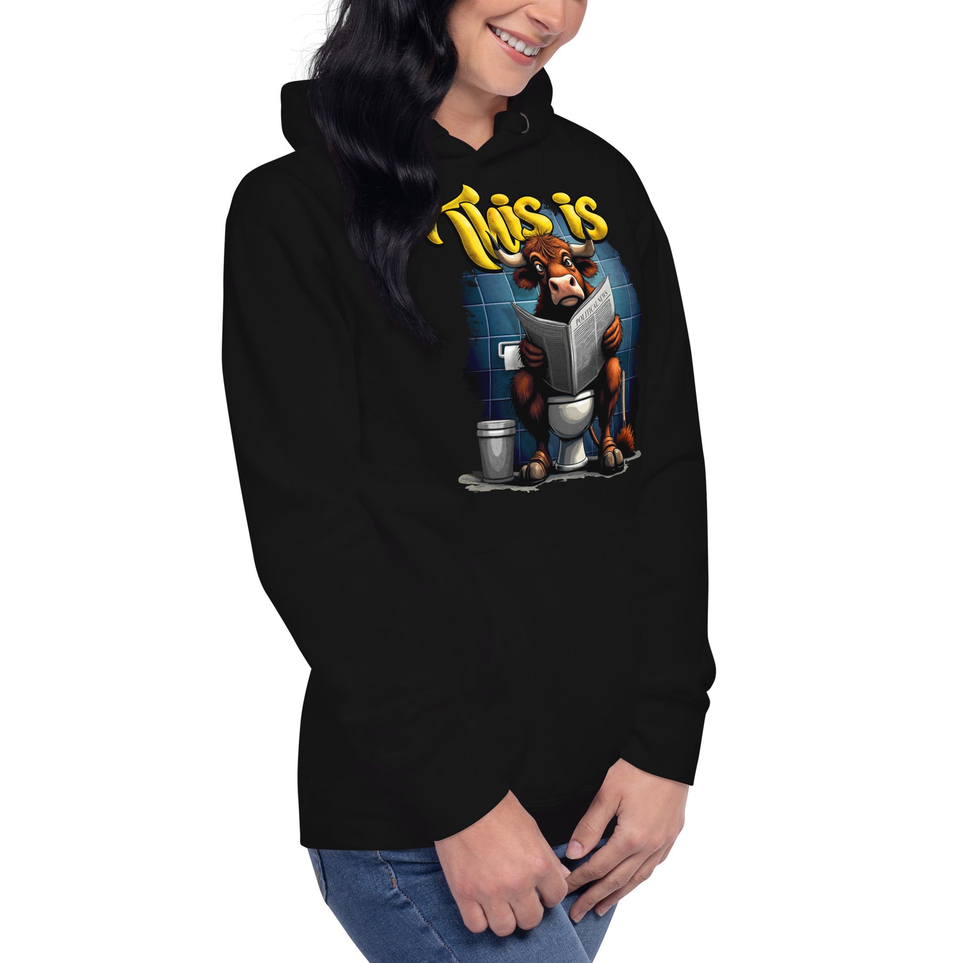 woman-wearing-unisex-premium-hoodie-black-front-bull-bs-arczeal-designs