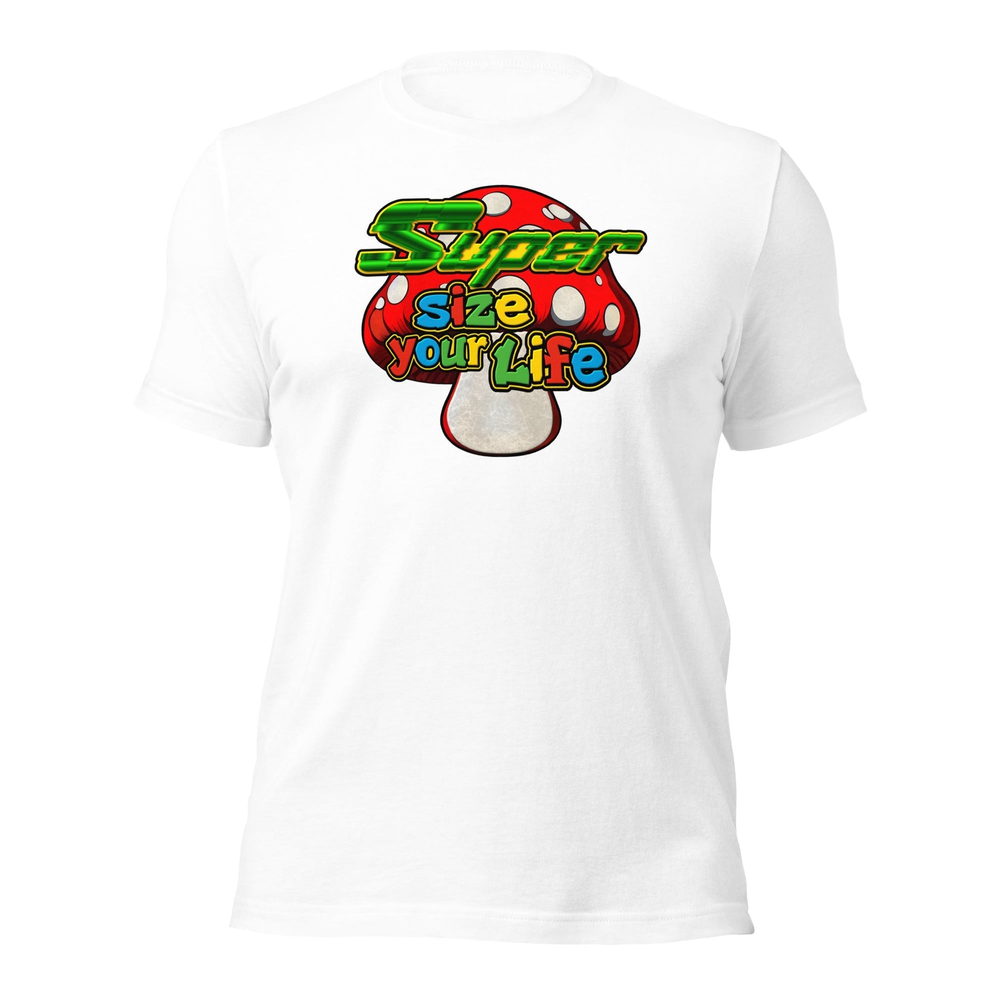 White / S Mushroom T-Shirt Super Size Your Life Unisex Gamer Tee Short Sleeve ArcZeal Designs
