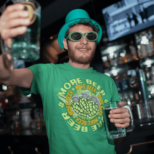 man-wearing-St-Patrick's-Day-More-Beer-graphic-t-shirt-arczeal-designs