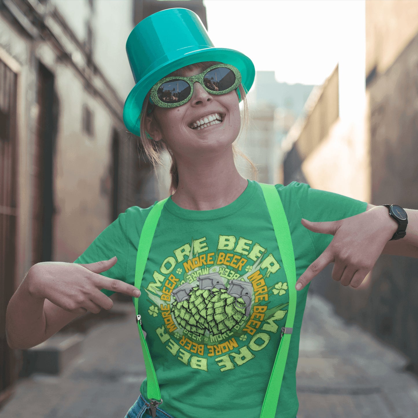 women-wearing-St-Patrick's-Day-More-Beer-graphic-t-shirt-arczeal-designs