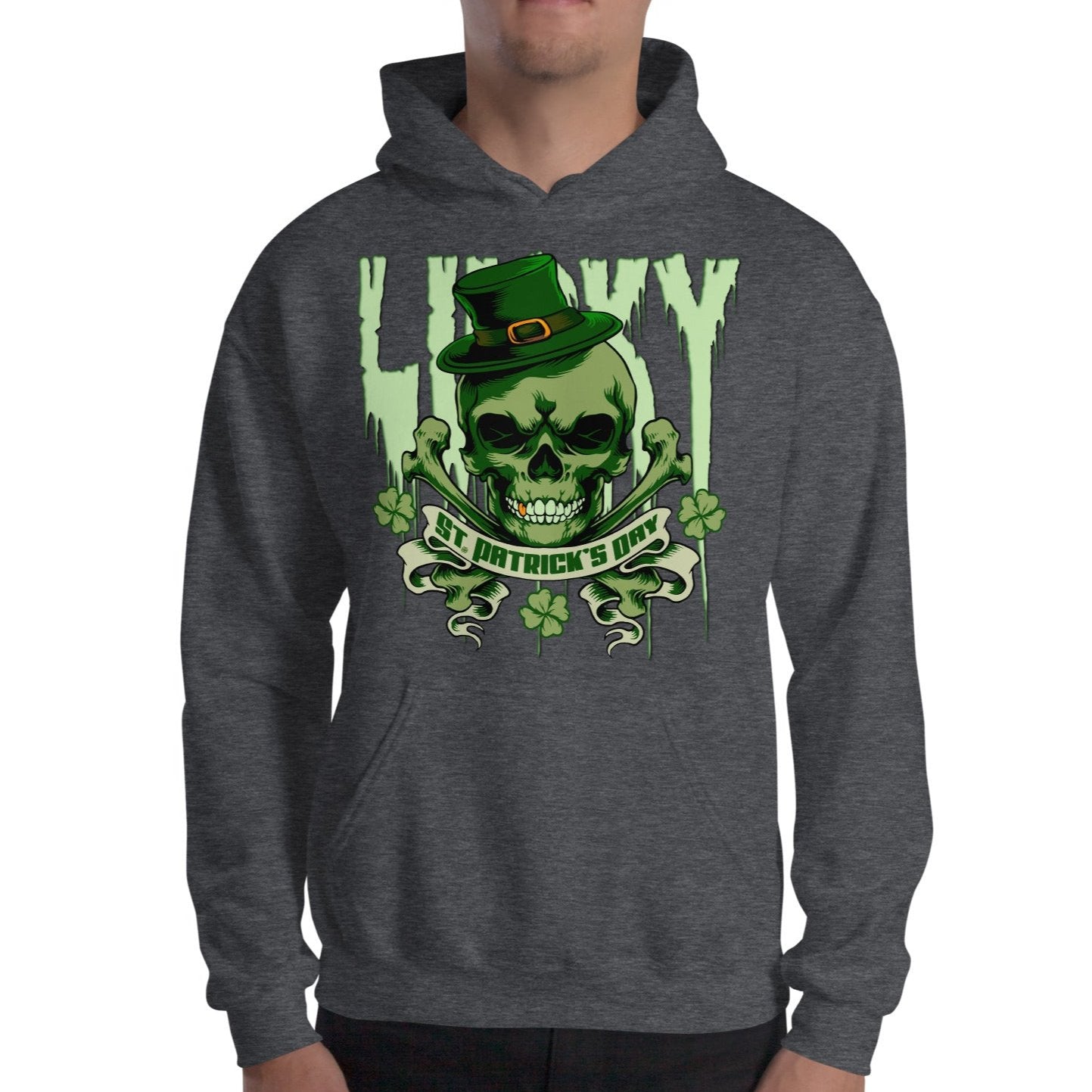 dark grey Lucky St. Patrick's Day Skull and Bones Hoodie ArcZeal Designs