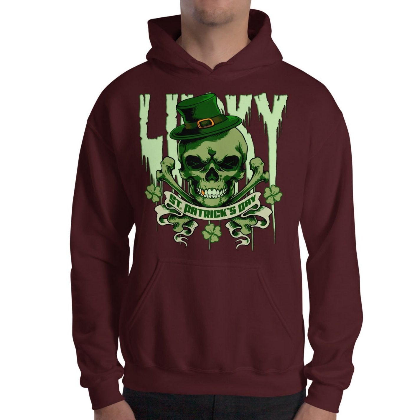 maroon Lucky St. Patrick's Day Skull and Bones Hoodie ArcZeal Designs