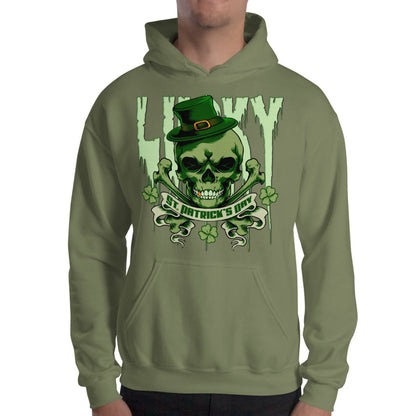 military-green Lucky St. Patrick's Day Skull and Bones Hoodie ArcZeal Designs