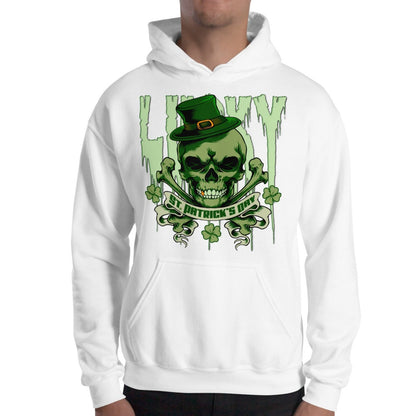 white Lucky St. Patrick's Day Skull and Bones Hoodie ArcZeal Designs