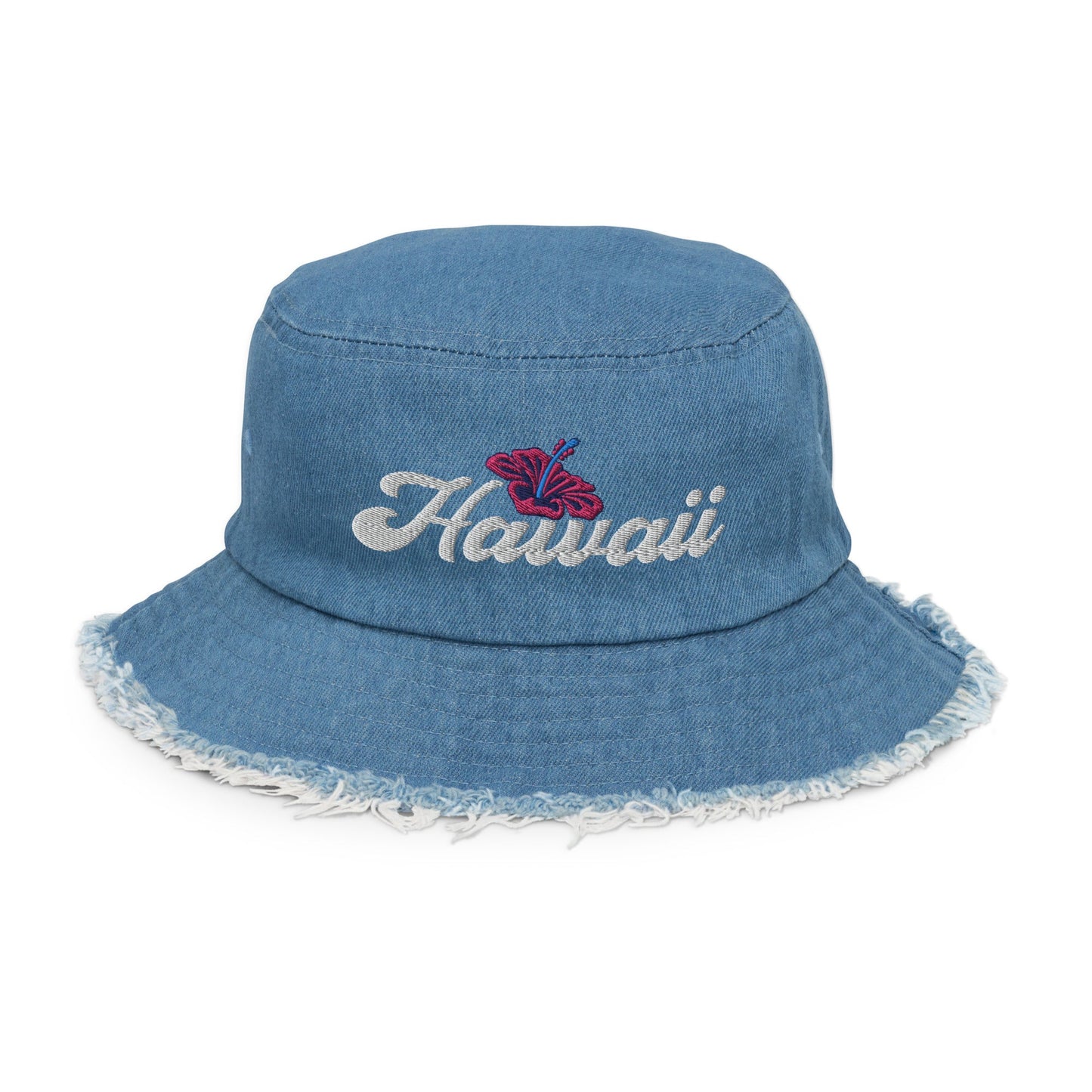  Bucket Hat Distressed Denim Embroidered Hawaii Hibiscus Flower ArcZeal Designs