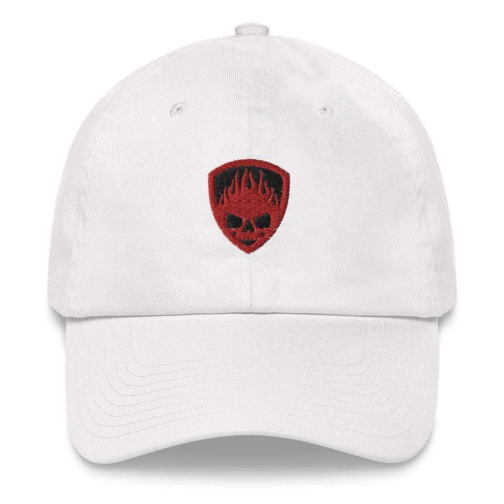 White Fire Skull and Shield Embroidered Dad hat ArcZeal Designs