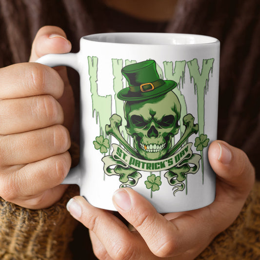 Lucky St. Patrick's Day Skull and Bones Coffee or Tea Mug - ArcZeal Designs